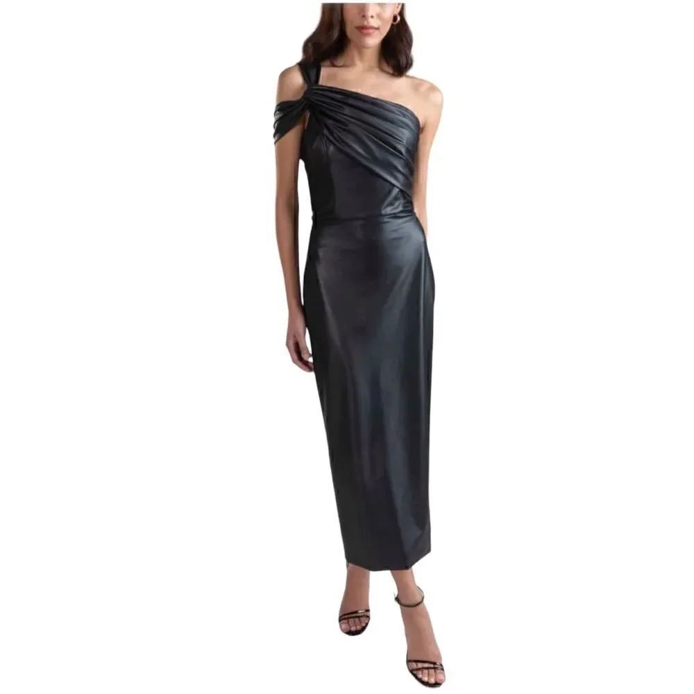 Shoshanna Vegan Leather One Shoulder Midi Dress Size 10